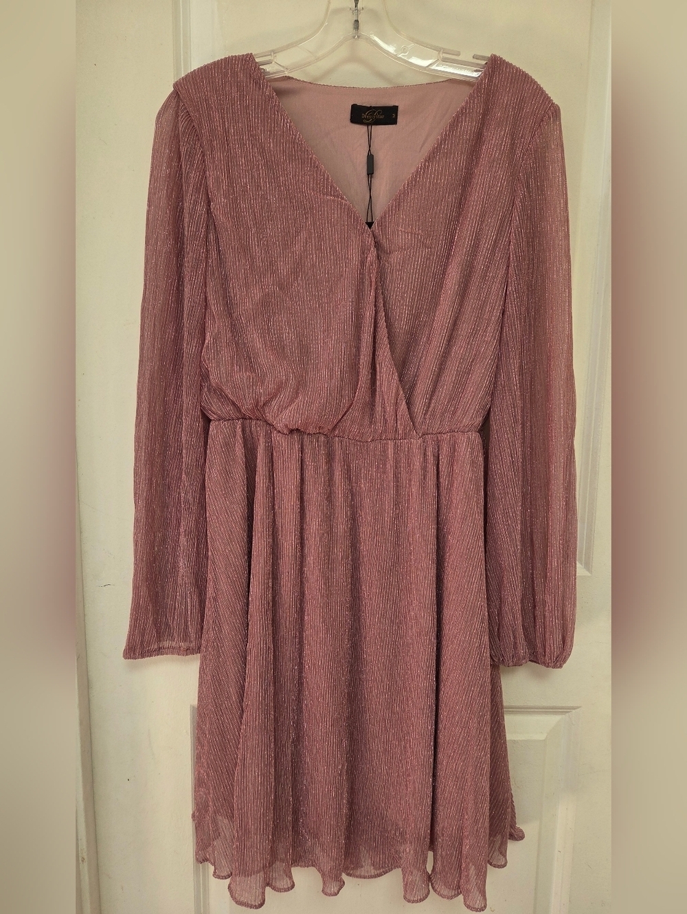 Dressy Star Lush Rose Pink Long Sleeve Shimmer Wrap Dress Sheer Sleeve Medium